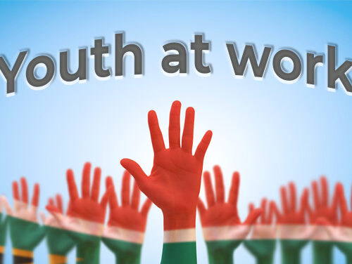 South Africa national flag on leader's palms isolated on blue sk